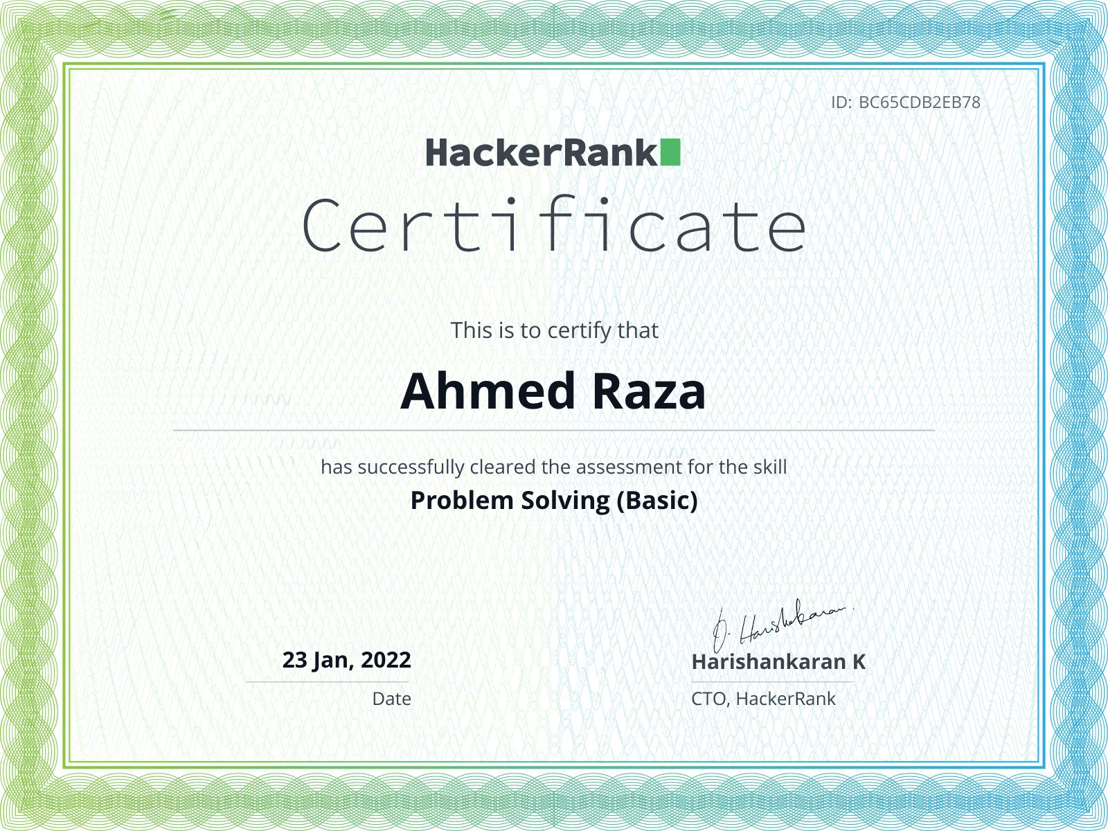 certificate of Hacker Rank issue by Hacker Rank