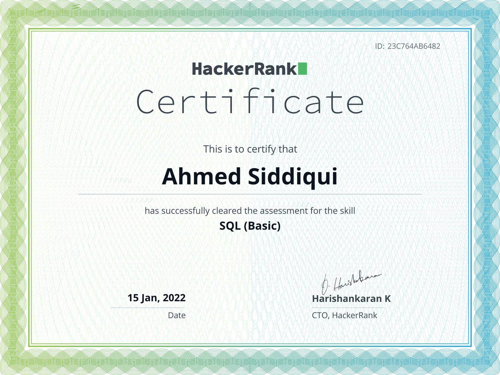 certificate of Hacker Rank issue by Hacker Rank